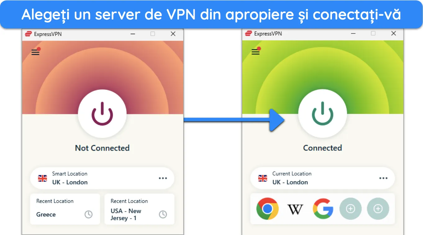 imagini ale aplicației Windows ExpressVPN, care arată diferența dintre aplicație atunci când este deconectată și când este conectată la un server.