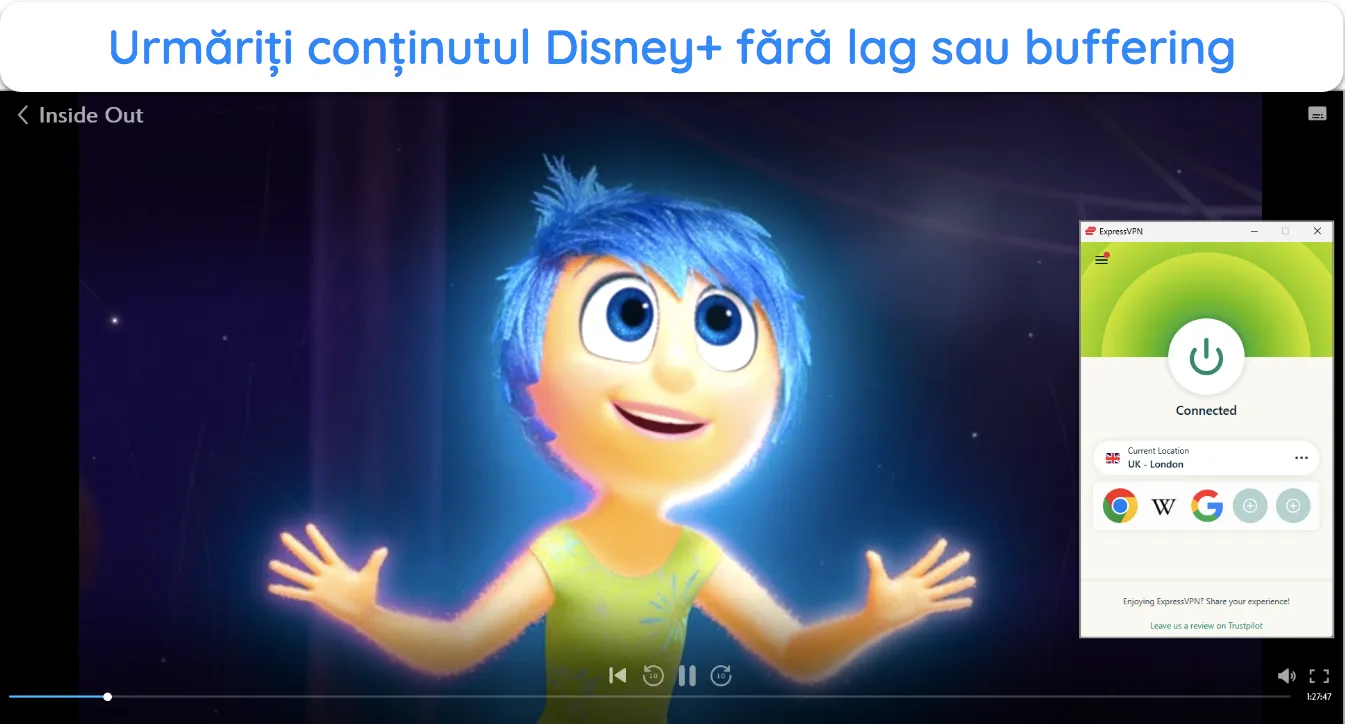 imagine a filmului Inside Out în flux pe Disney+ cu ExpressVPN conectat la un server din Marea Britanie-Londra.
