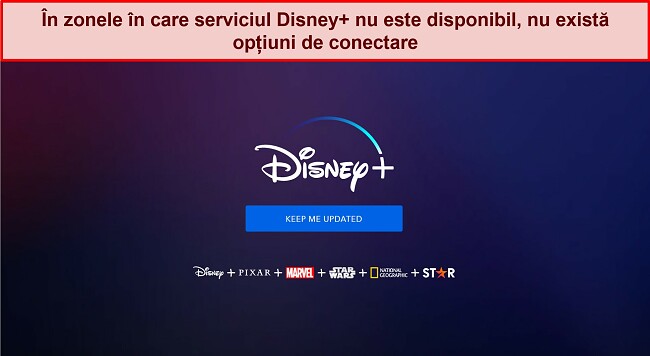 Captură de ecran a paginii de pornire Disney+ fără opțiuni de conectare sau de cont, doar un mesaj pe care scrie „ține-mă la curent.