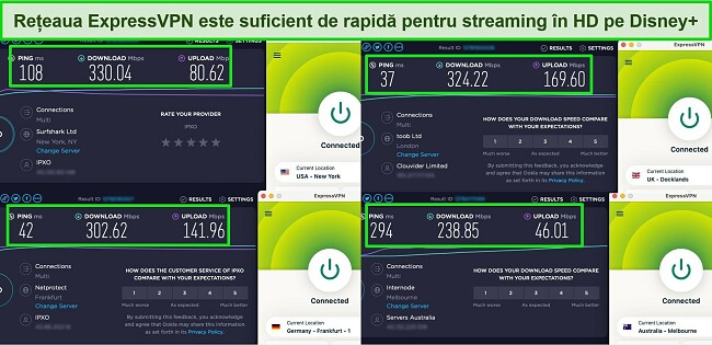 Capturi de ecran ale rezultatelor testului de viteză Ookla cu ExpressVPN conectat la servere din SUA, Marea Britanie, Germania și Australia.