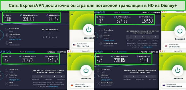 Скриншоты результатов теста скорости Ookla с ExpressVPN, подключенным к серверам в США, Великобритании, Германии и Австралии.