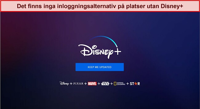 Skärmdump av Disney+ hemsida utan inloggnings- eller kontoalternativ, bara ett meddelande som lyder 