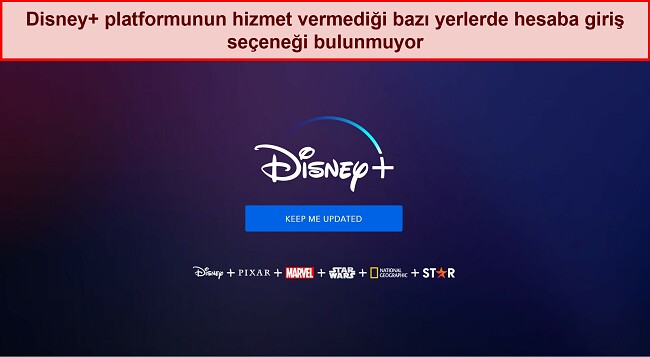 Giriş veya hesap seçenekleri olmayan Disney+ ana sayfasının ekran görüntüsü, yalnızca 