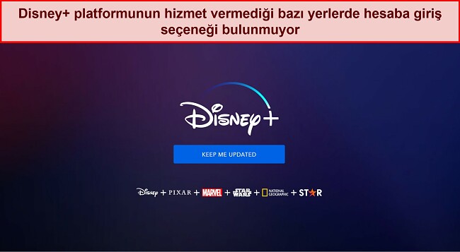 Giriş veya hesap seçenekleri olmayan Disney+ ana sayfasının ekran görüntüsü, yalnızca "beni güncel tut" yazan bir mesaj.