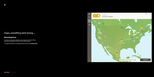 Image capture showing TunnelBear VPN's incompatibility with Netflix