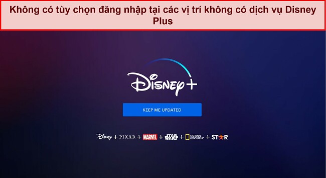 Ảnh chụp màn hình trang chủ Disney+ không có tùy chọn đăng nhập hoặc tài khoản, chỉ có một thông báo có nội dung 