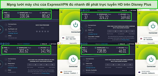 Ảnh chụp màn hình kết quả kiểm tra tốc độ của Ookla với ExpressVPN được kết nối với máy chủ ở Hoa Kỳ, Vương quốc Anh, Đức và Úc.