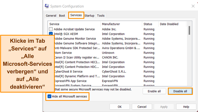 Screenshot des Windows-System-Managers mit der Registerkarte „Dienste“ mit Anweisungen zum Ausblenden von Microsoft-Diensten und zum Deaktivieren aller Dienste