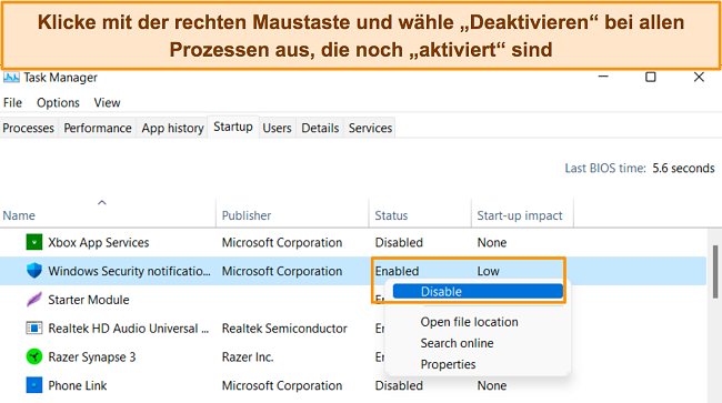 Screenshot des Windows Task-Managers, der zeigt, wie derzeit aktivierte Prozesse deaktiviert werden