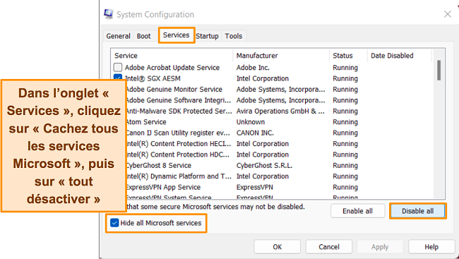Capture d'écran de Windows System Manager montrant l'onglet Services, avec des instructions sur la façon de masquer les services Microsoft et de désactiver tous les services