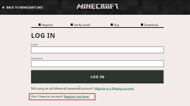 Opprett konto på Minecraft