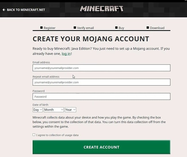 Създайте своя акаунт в Mojang