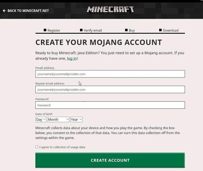Tạo tài khoản Mojang của bạn