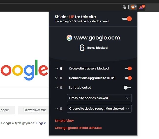 Screenshot of Brave's extension showing settings for blocking cross-site trackers, adverts, and upgrades in connection 