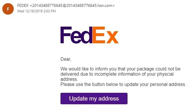 Screenshot of example for FedEx phishing email prompting the user to update an address