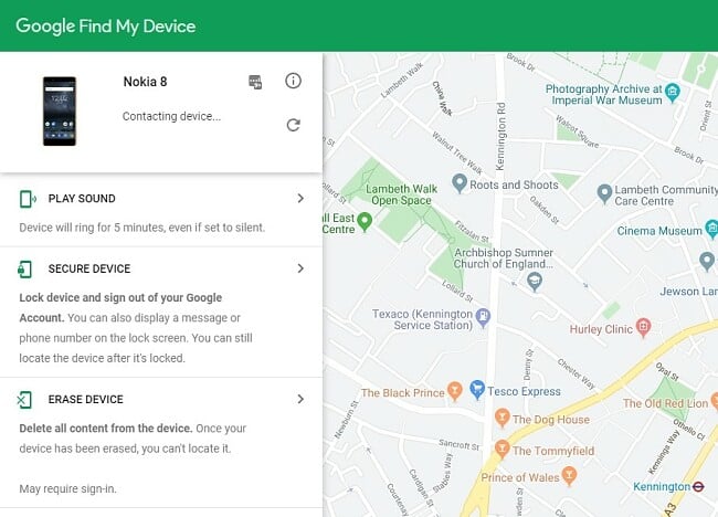 Screenshot of device tracking interface showing data for Nokia 8 device