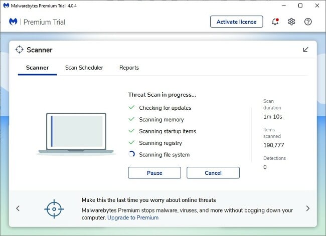 Screenshot of Malwarebyte’s anti-malware software showing its user interface for the Scanner tab while running a scan