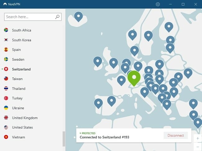 Screenshot of NordVPN desktop app connected to Switzerland server