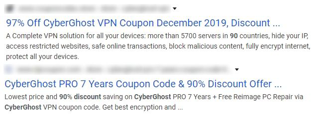 Skjermbilde av utdaterte CyberGhost-tilbud