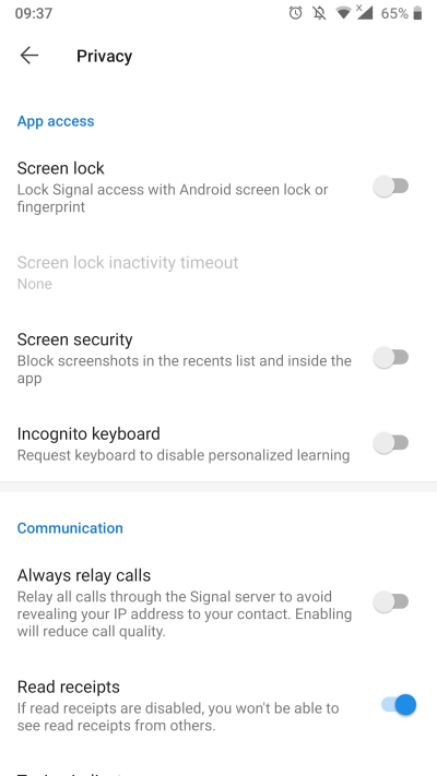 Screenshot of Privacy Settings on Mobile phone 