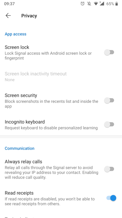 Screenshot of Privacy Settings on Mobile phone