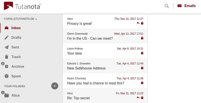 Screenshot of Tutanota's encrypted email service showing its user interface for Inbox tab