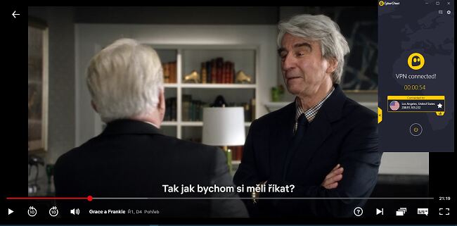 Screenshot of CyberGhost připojeného k americkému serveru pomocí streamování „Grace and Frankie“ na US Netflix