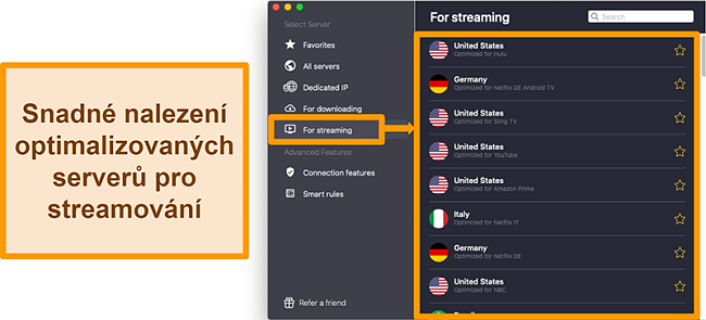 Screenshot optimalizovaných serverů CyberGhost VPN, které odblokují streamovací platformy jako Netflix, Sling TV a Amazon Prime