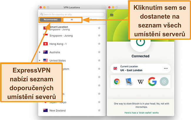 Screenshot ze seznamu serverů aplikace ExpressVPN