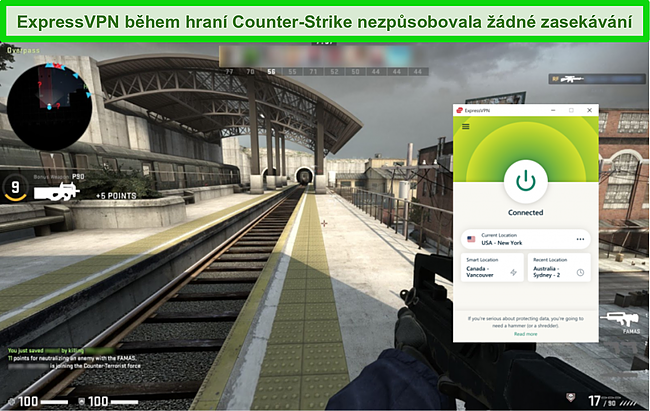 Screenshot Express VPN připojeného k americkému serveru, zatímco uživatel hraje Counter Strike