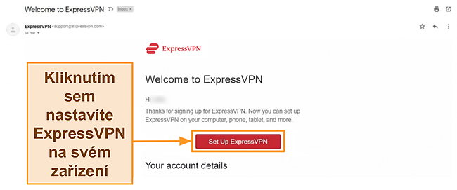 Screenshot uvítacího e-mailu ExpressVPN novým zákazníkům s pokyny k nastavení