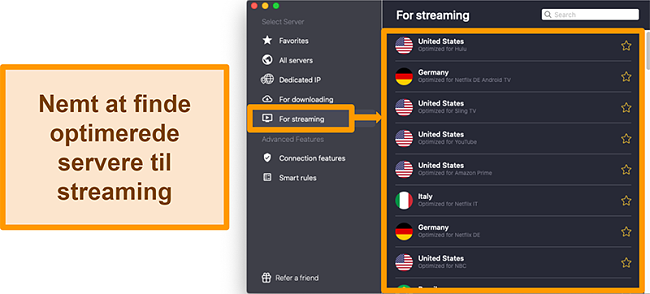 Skærmbillede af CyberGhost VPNs optimerede servere, der fjerner blokering af streamingplatforme som Netflix, Sling TV og Amazon Prime