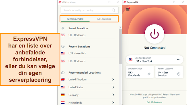 Skærmbillede af ExpressVPNs Windows-app, der fremhæver de anbefalede serverforbindelser og servermenuen 