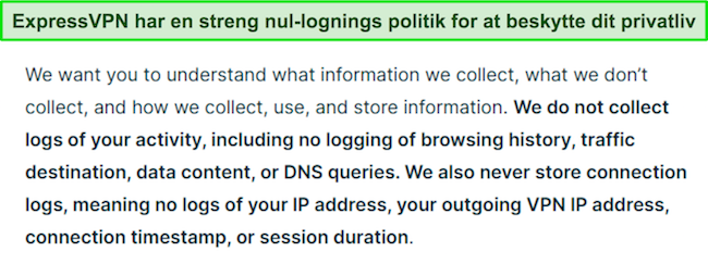 Skærmbillede af ExpressVPNs privatlivspolitik.