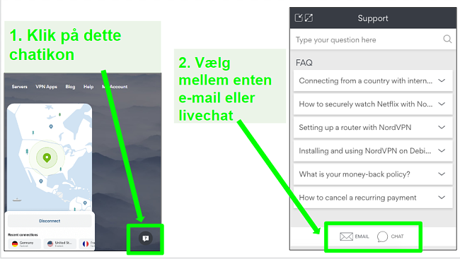 Skærmbilleder af en NordVPN refusionsanmodningsmuligheder via live chat eller e-mail