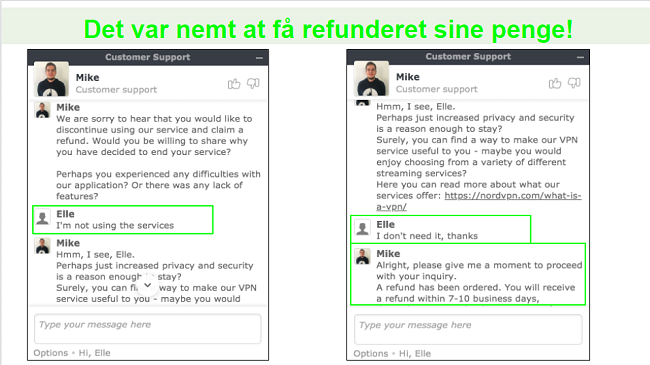 Skærmbilleder af en refusionsanmodning via live chat med en NordVPN kundesupportagent.