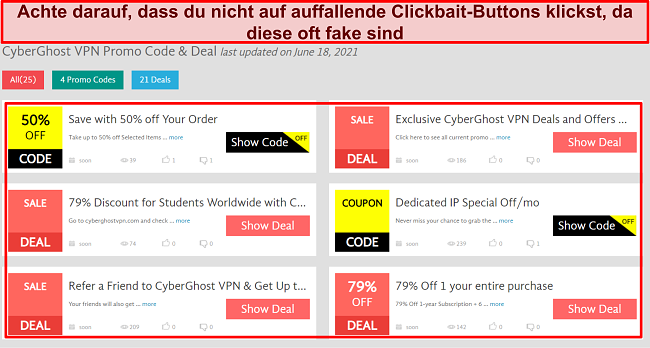 Screenshot von gefälschten CyberGhost-Coupon-Clickbait-Buttons