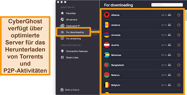 Screenshot der optimierten Server von CyberGhost VPN zum Herunterladen und Torrenting