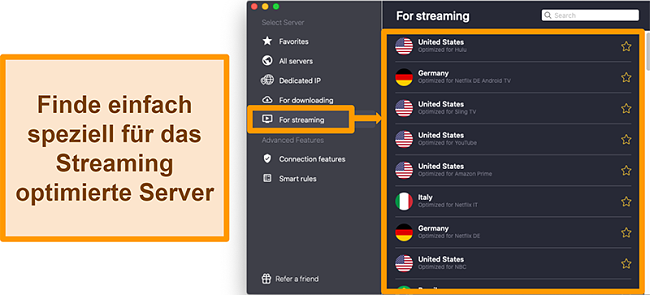 Screenshot der optimierten Server von CyberGhost VPN, die Streaming-Plattformen wie Netflix, Sling TV und Amazon Prime entsperren