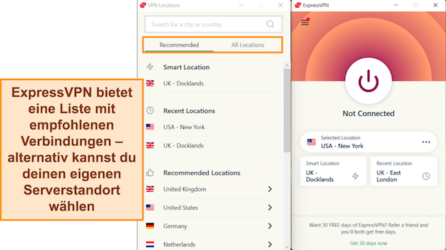 Screenshot der Windows-App von ExpressVPN mit Hervorhebung der empfohlenen Serververbindungen und des Servermenüs „Alle Standorte“.