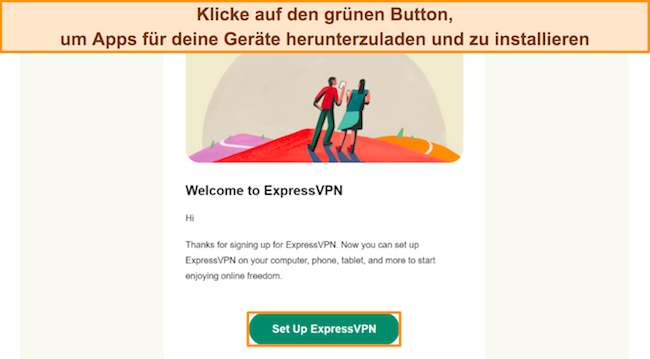 Bild einer E-Mail-Bestätigung von ExpressVPN, die den Benutzer auffordert, auf die Schaltfläche „Einrichten“ zu klicken.