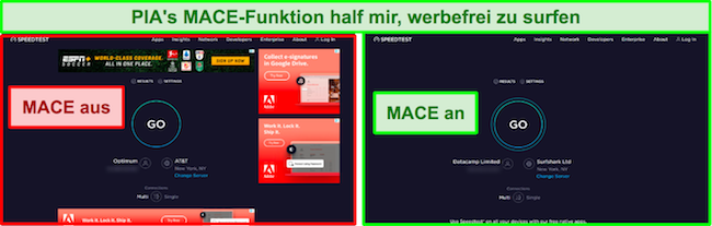 Screenshot von Anzeigen, die auf einer Webseite entfernt wurden, nachdem MACE aktiviert wurde.