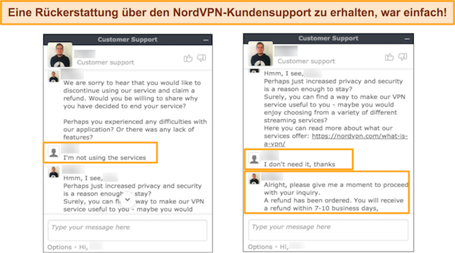 Screenshot der Anforderung einer Rückerstattung von NordVPN per Live-Chat.