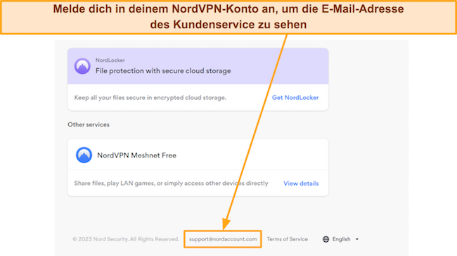 Screenshot der Support-E-Mail-Adresse im NordVPN-Konto