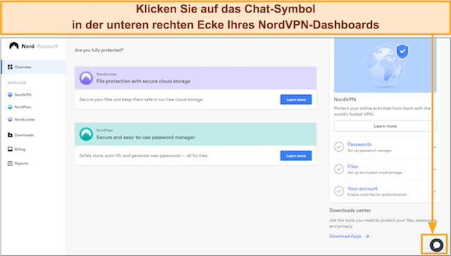 Screenshot des NordVPN-Chat-Symbols zum Anfordern eines Live-Chats mit dem Kundensupport