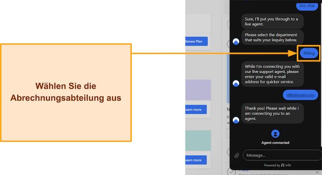 Screenshot der Auswahl der Rechnungsabteilung und der Bereitstellung der E-Mail-Adresse für den NordVPN-Chatbot.