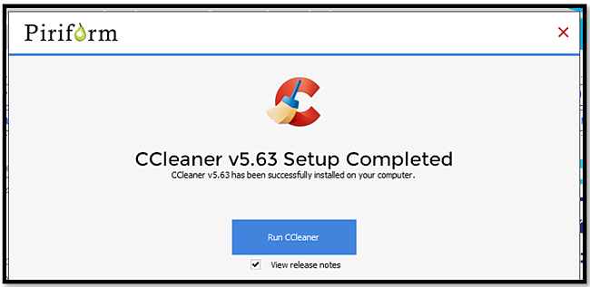 Screenshot of a window showing that a CCleaner setup process was completed