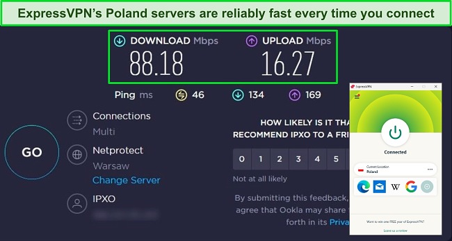 Screenshot of ExpressVPN's Polish server speed test results