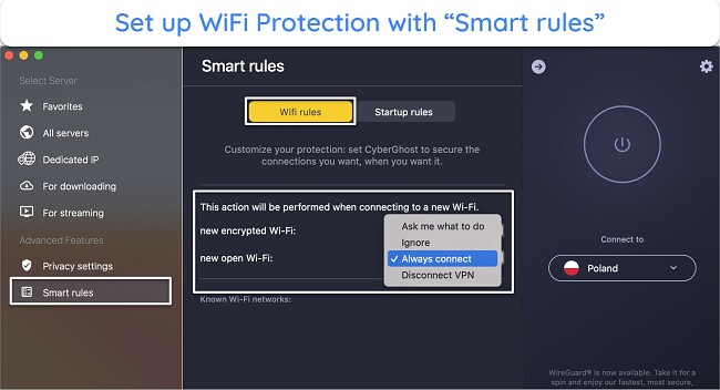 Screenshot of WiFi Protection settings under Smart Rules in CyberGhost's app