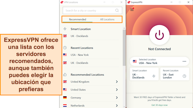 Captura de pantalla de la aplicación de Windows de ExpressVPN, que destaca las conexiones de servidor recomendadas y el menú del servidor 